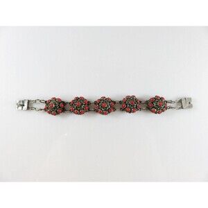 Antique Sterling Silver Cabochon Coral Filigree Cannetille Bracelet 7 1/4